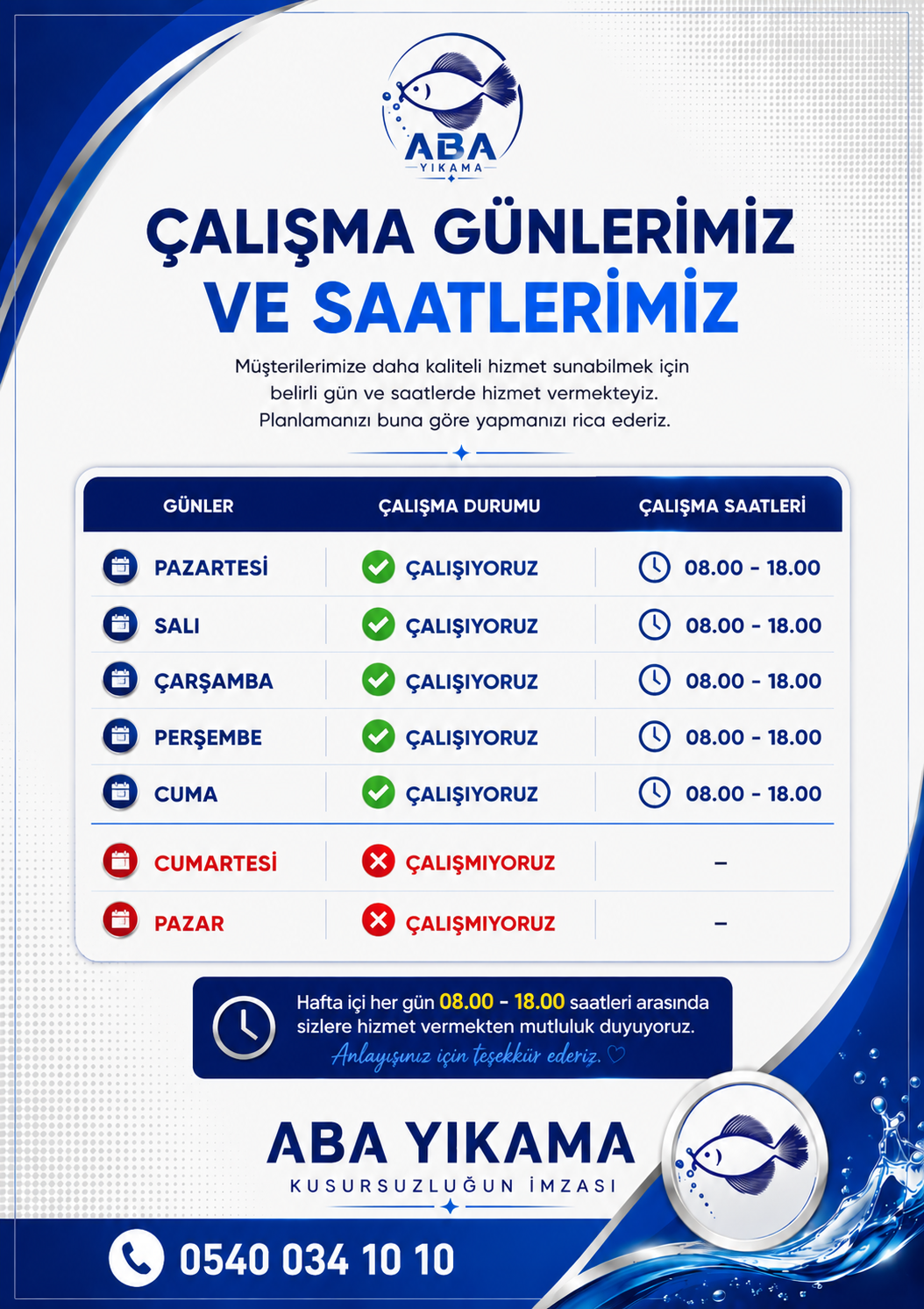 ABA Yıkama - Çalışma Günleri ve Saatleri